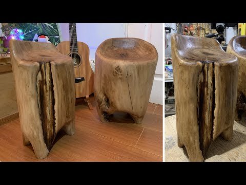 Proyectos de carpintería rústica: Construye un taburete con troncos de madera en tonos naturales y acabado envejecido